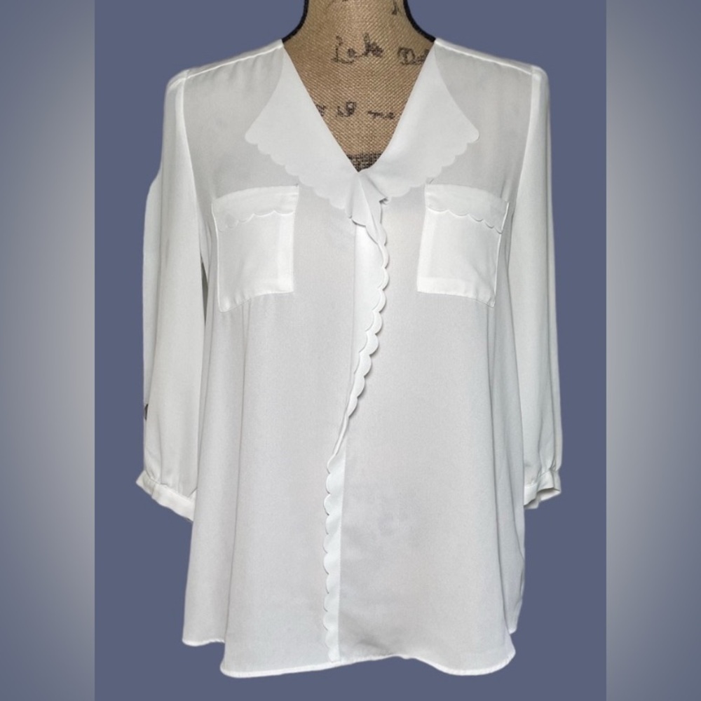 ELLE 3/4 Sleeve White Sheer Scalloped Ruffled Collar Blouse
